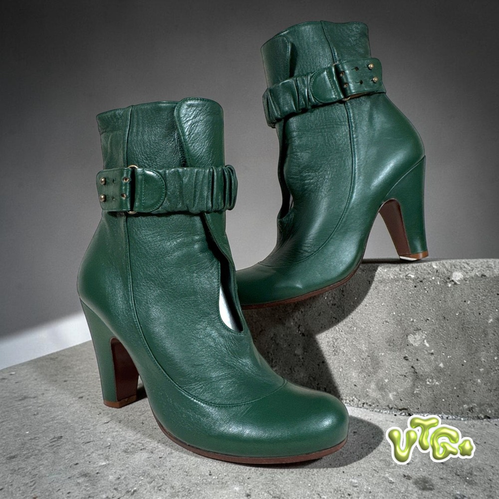 RARE‎ VTG CHIE MIHARA Green Leather Keyhole Heeled Ankle Boots $498 EU38 Spain